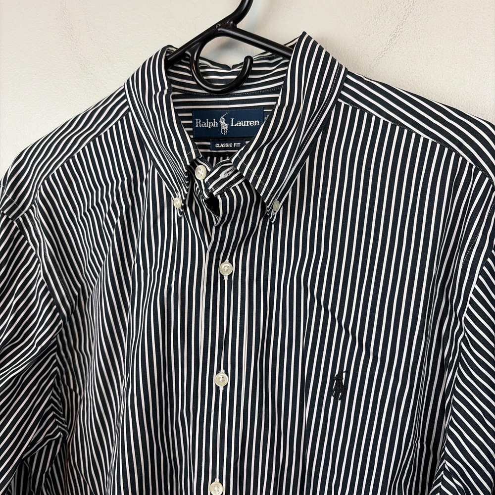 Ralph Lauren Shirt Mens Large Black White Striped Classic Fit Button Down LS
